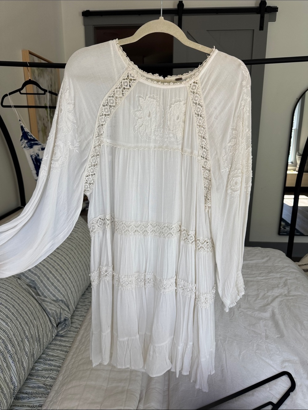 Bohemian White Lace Trim Long-Sleeve Dress